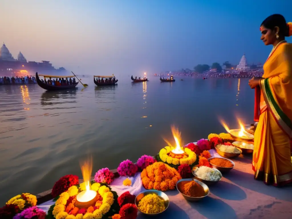 Coloridos rituales hindúes a orillas del Ganges, bajo el cálido atardecer, reflejando la coexistencia de tradición y modernidad en la sociedad