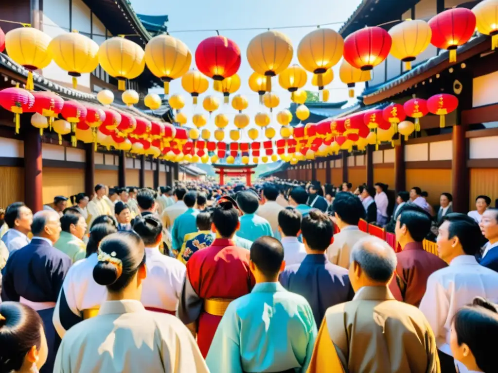 Coloridos rituales sintoístas en festividades japonesas con mikoshis, kimonos, y una atmósfera llena de emoción y reverencia