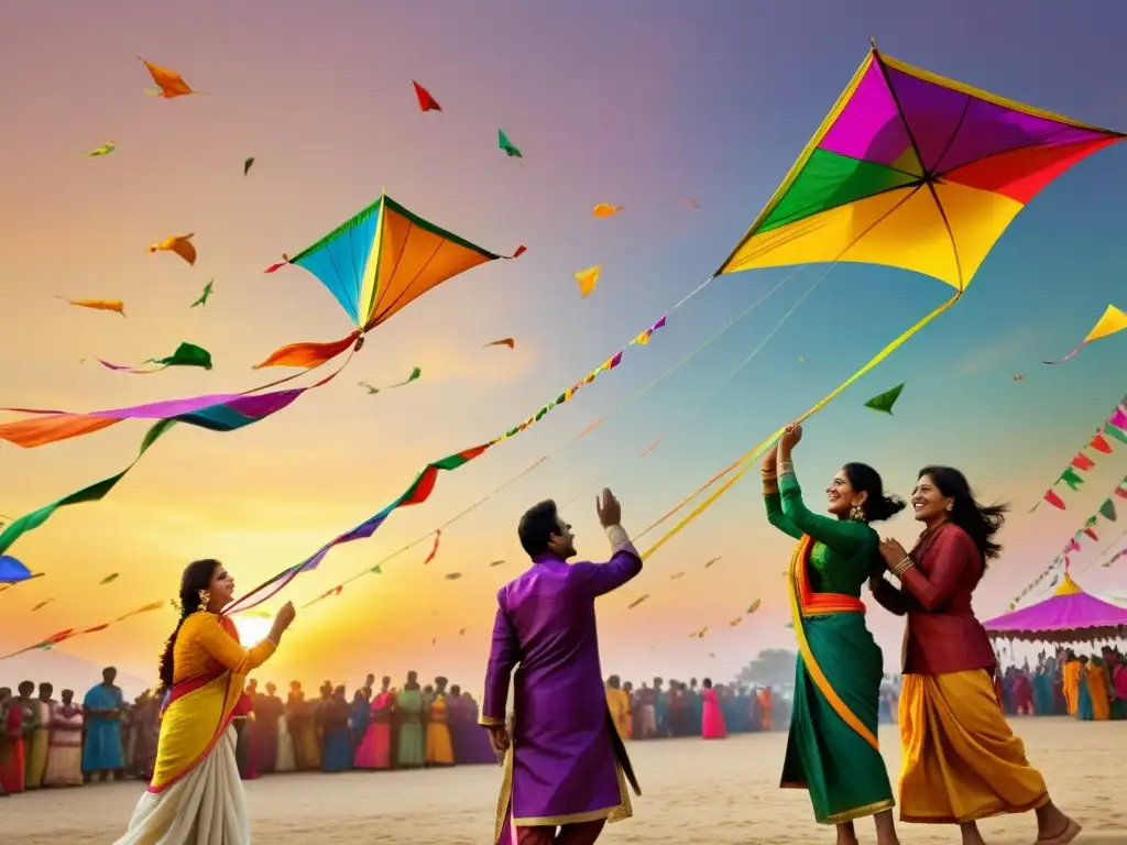 Coloridos rituales de celebración solar Sankranti: gente vestida tradicionalmente vuela cometas en un atardecer dorado