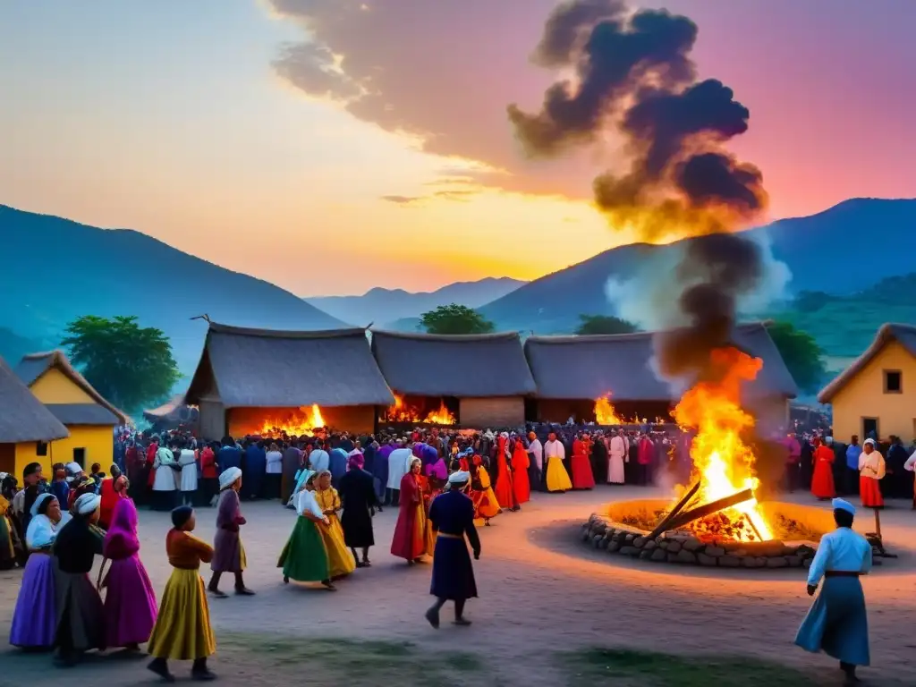 Coloridos rituales de Solsticio de Verano en antiguo pueblo: danzas, música y fuego al atardecer, celebrando la festividad de San Juan