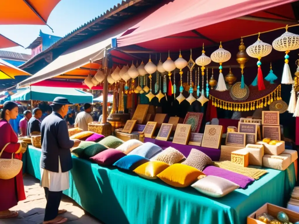 Coloridos souvenirs con significado espiritual en bullicioso mercado, invitando a explorar tradiciones y creencias