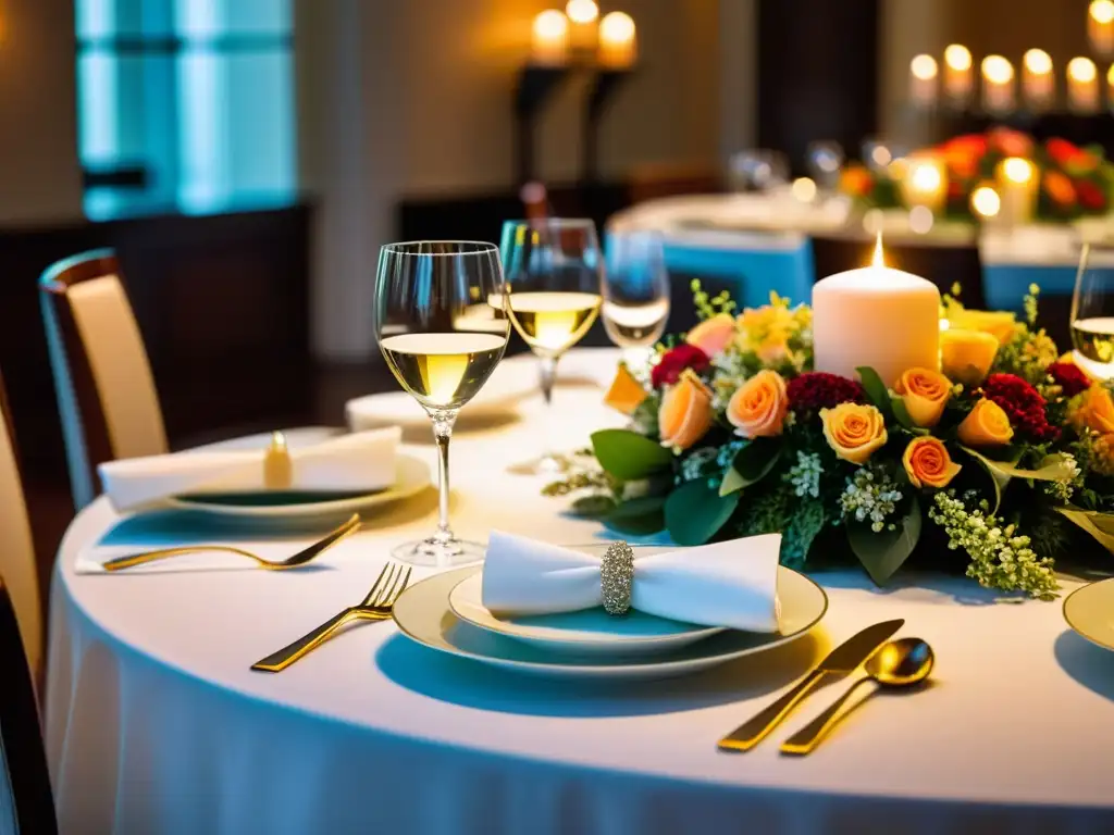 Comidas rituales de paso matrimonios: elegante mesa de boda con exquisitos adornos florales y vajilla, iluminada por cálidas velas