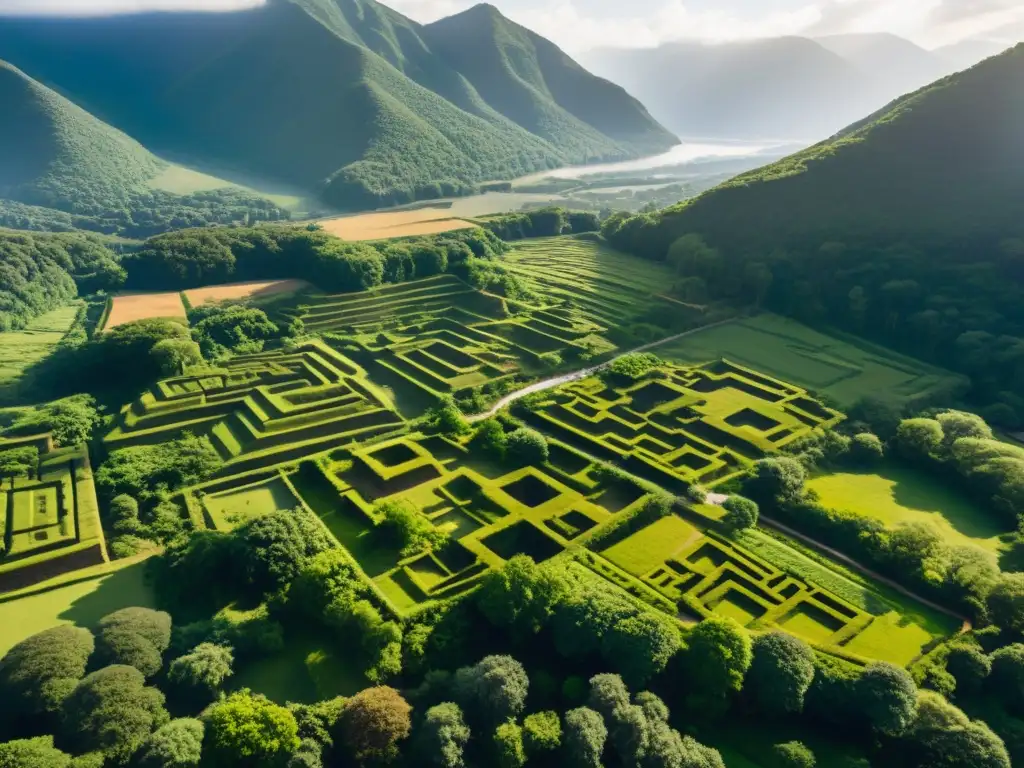 Complejo arqueológico antiguo en paisaje montañoso y vegetación exuberante, con prácticas rituales sagradas geográficas