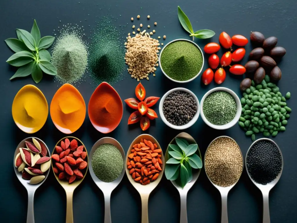 Una composición artística de superalimentos esenciales para rituales de purificación, con vibrantes colores y texturas naturales