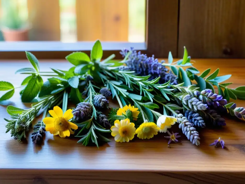 Una composición de hierbas y flores coloridas y aromáticas, evocando tranquilidad y misticismo