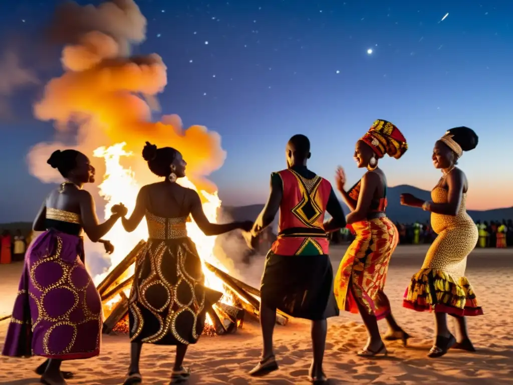 Comunidad africana celebra Rituales de Año Nuevo alrededor de una fogata bajo el cielo estrellado, vistiendo coloridos atuendos tradicionales