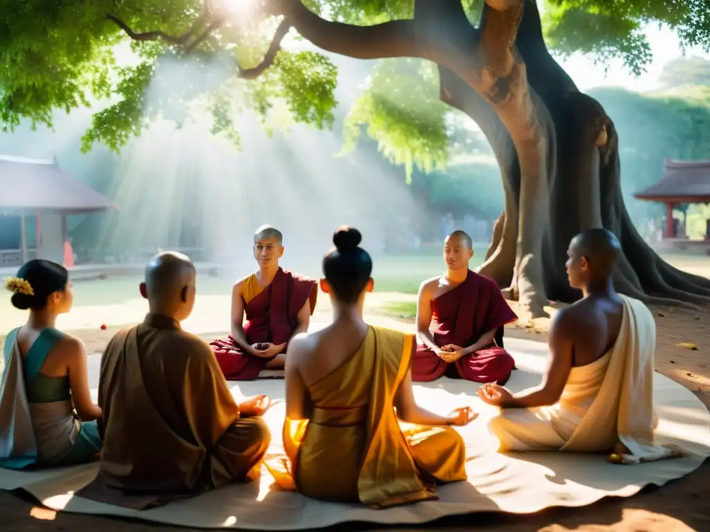 Comunidad budista en meditación bajo un árbol Bodhi, la importancia de Sangha en el budismo palpable en la serenidad del ambiente