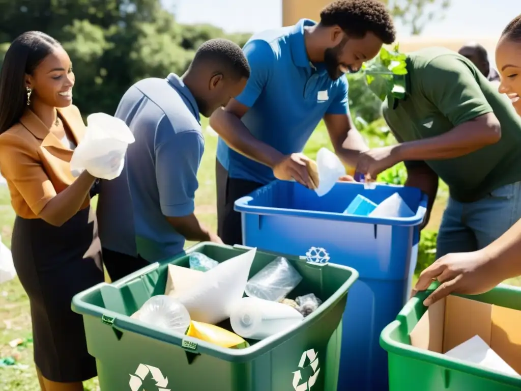 Comunidad comprometida en rituales de reciclaje para transformar, clasificando materiales bajo el sol brillante