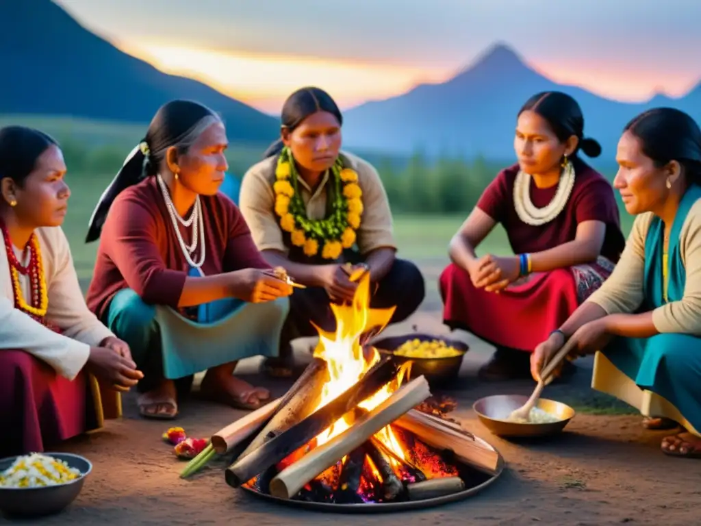 Comunidad indígena reúne alrededor del fuego, realizando ofrendas en ritual significativo del sacrificio