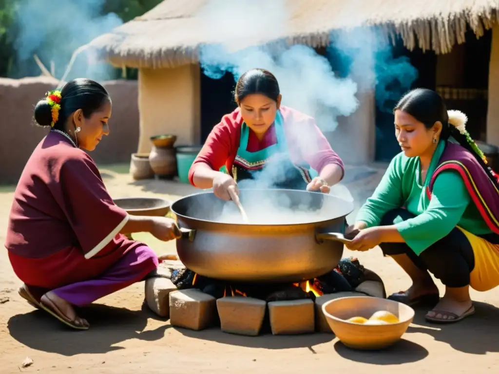 Una comunidad indígena mexicana prepara una comida ceremonial en un gran caldero, destacando las recetas rituales indígenas