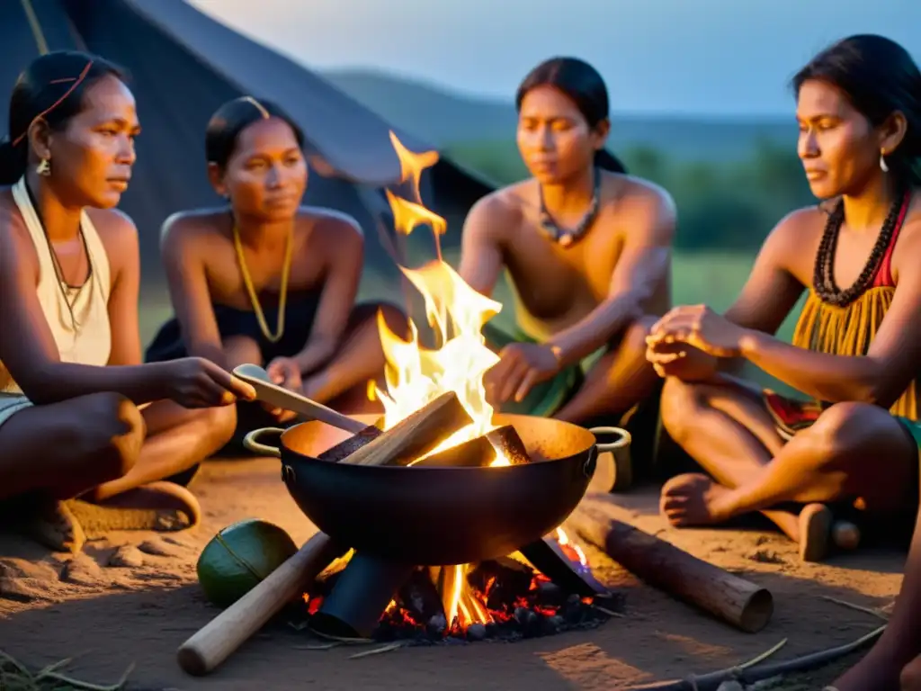 Una comunidad indígena realiza un ritual de cocina sagrada alrededor del fuego, resaltando la conexión espiritual y los rituales ancestrales