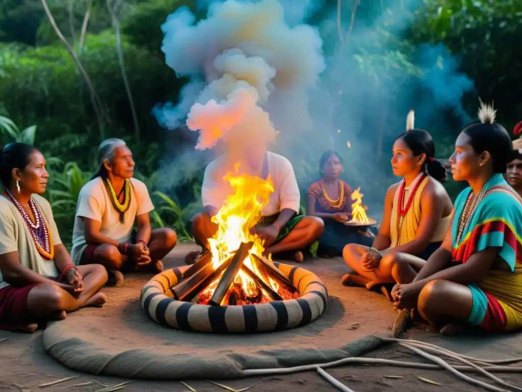 Una comunidad indígena realiza un ritual alrededor de una fogata, transmitiendo mitos en rituales aborígenes