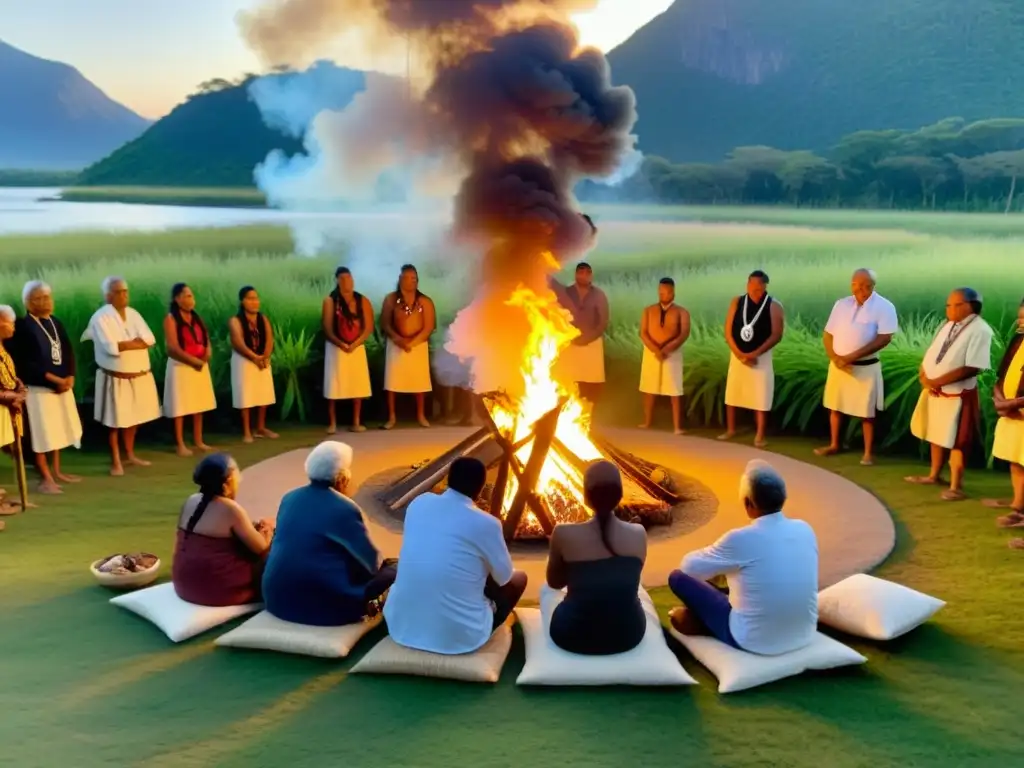 Comunidad indígena preservando rituales a través de aplicaciones junto al fuego sagrado en la selva