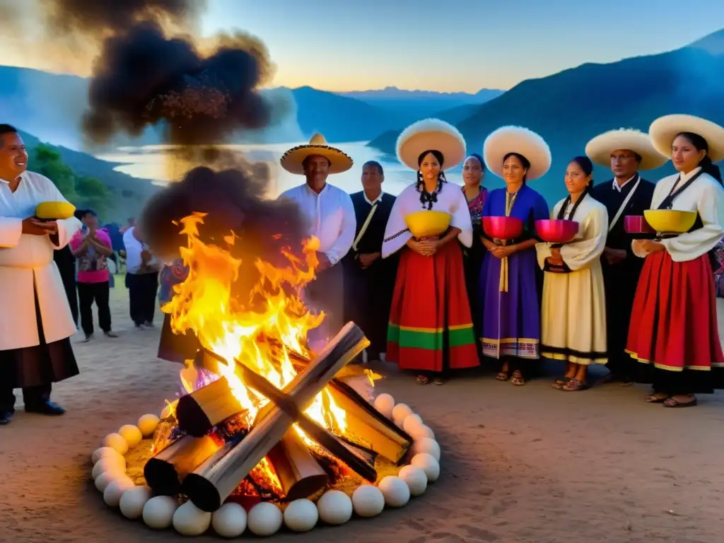 Comunidad reunida alrededor del fuego, intercambiando ofrendas y regalos como parte de un ritual de paso