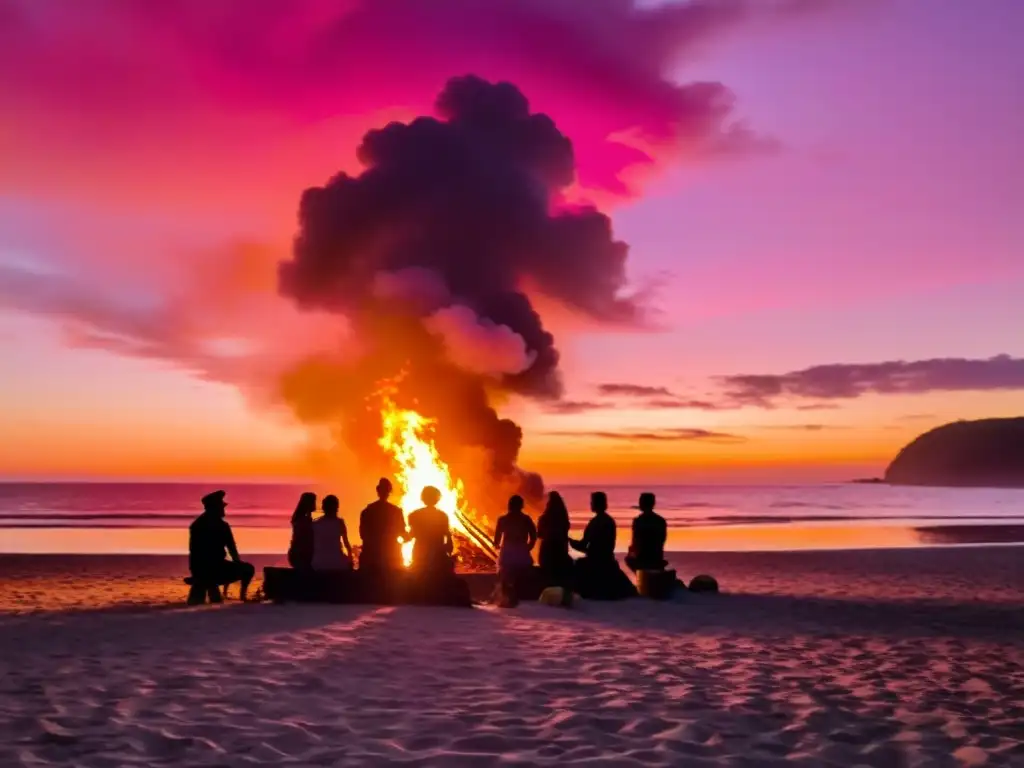 Comunidad celebrando Rituales de Solsticio de Verano alrededor de fogata en la playa al atardecer, con el mar brillando al fondo