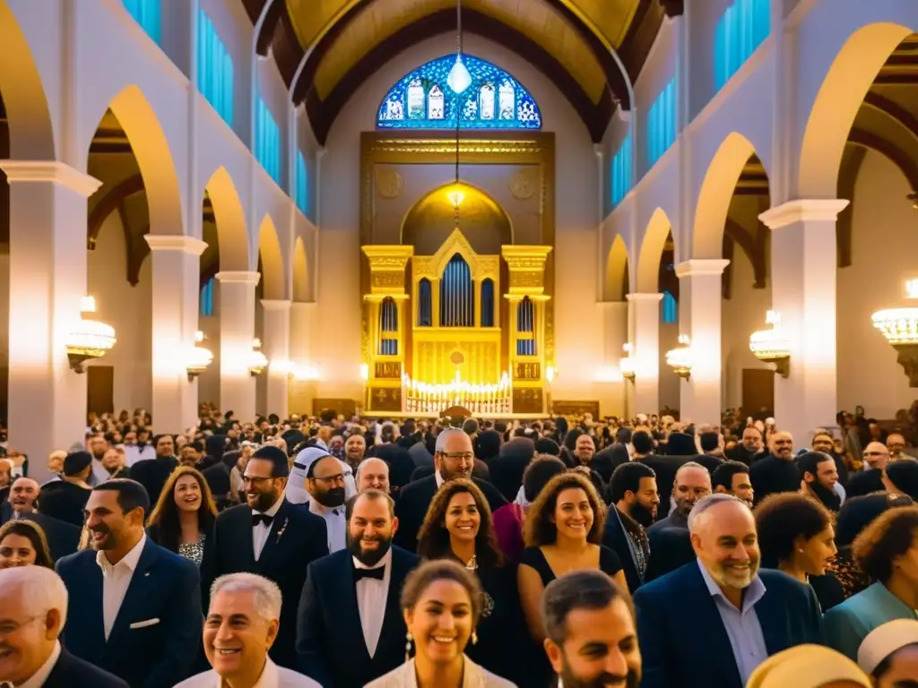 Comunidad vibrante en sinagoga histórica, celebrando Kabalat Shabat con alegría y devoción, rodeados de antigua tradición