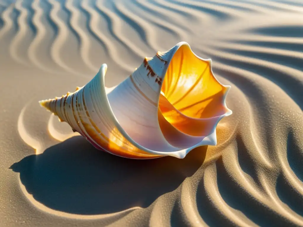 Concha de caracol en la arena brillante, bañada por la luz solar, evocando la belleza y el misticismo de los ritos marítimos