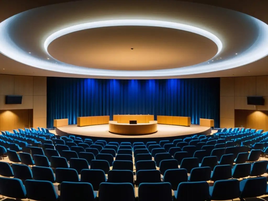 Una conferencia anual como ritual profesional: sala de conferencias semivacía con un escenario iluminado y asientos dispuestos en semicírculo