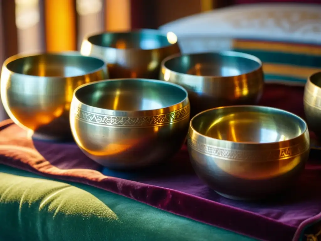 Conjunto de cuencos tibetanos ornamentados en un círculo sobre cojín de terciopelo, iluminados por luz solar