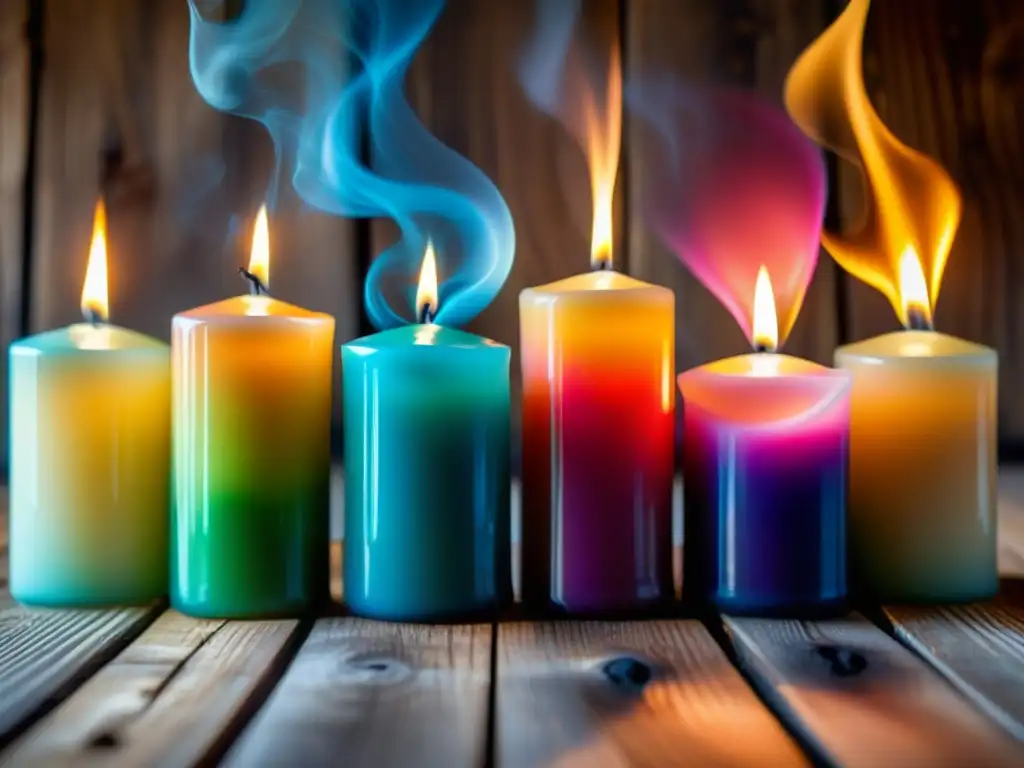 Un conjunto de velas de colores brillantes en una superficie de madera con cera derretida