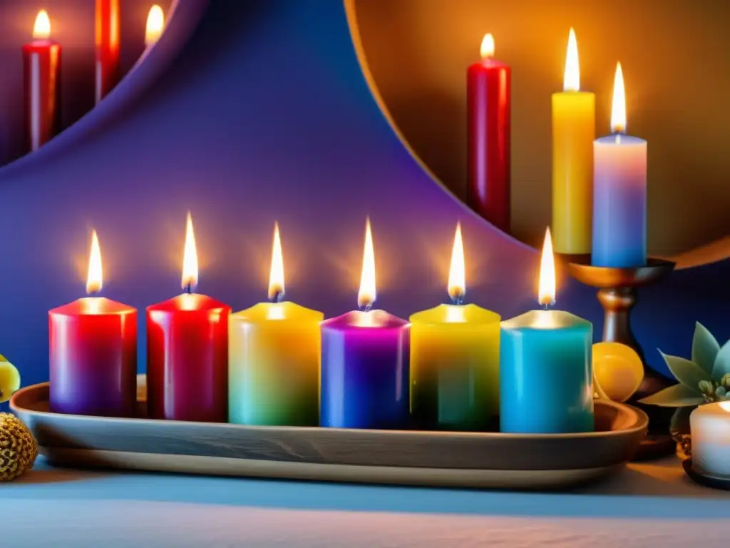 Un conjunto de velas coloridas y objetos rituales crean una atmósfera mágica y significativa