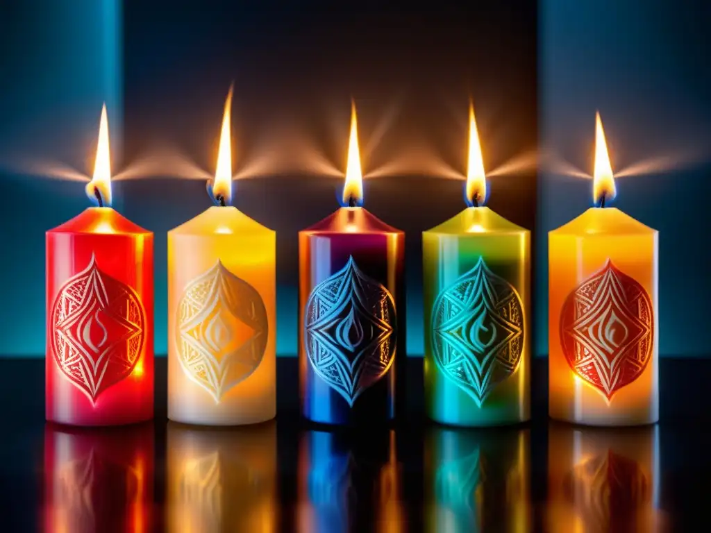 Un conjunto de velas ritualísticas talladas con colores vibrantes, emitiendo un aura mística y sabiduría antigua