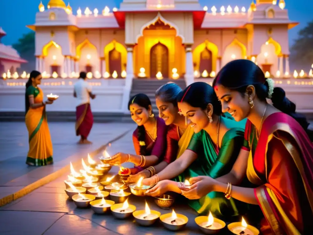 Una conmovedora celebración de Diwali frente a un templo hindú, con personas encendiendo lámparas y velas