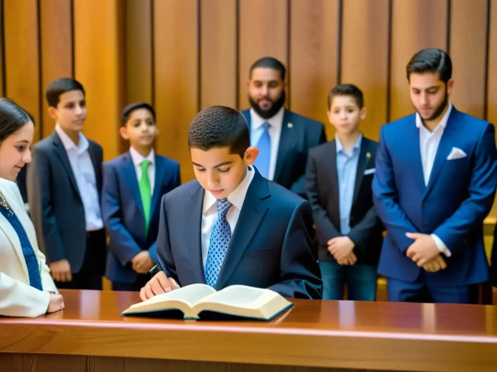 Una conmovedora ceremonia de transición juvenil en la comunidad judía, capturando la emoción y la solemnidad