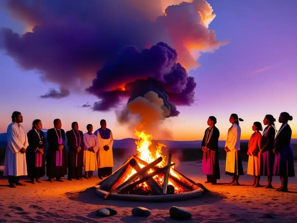 Una conmovedora imagen de ritos funerarios simbolismo alma tránsito en una ceremonia indígena al atardecer, con una atmósfera etérea y reverente