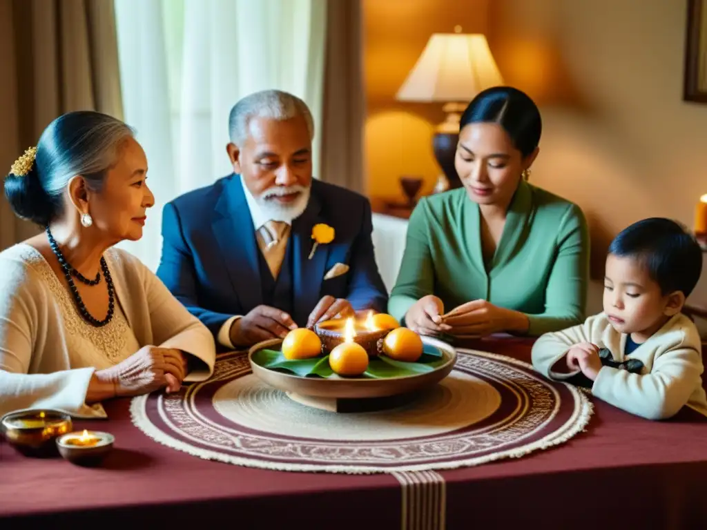 Una conmovedora reunión familiar alrededor de una mesa bellamente decorada, con una práctica de rituales familiares en curso