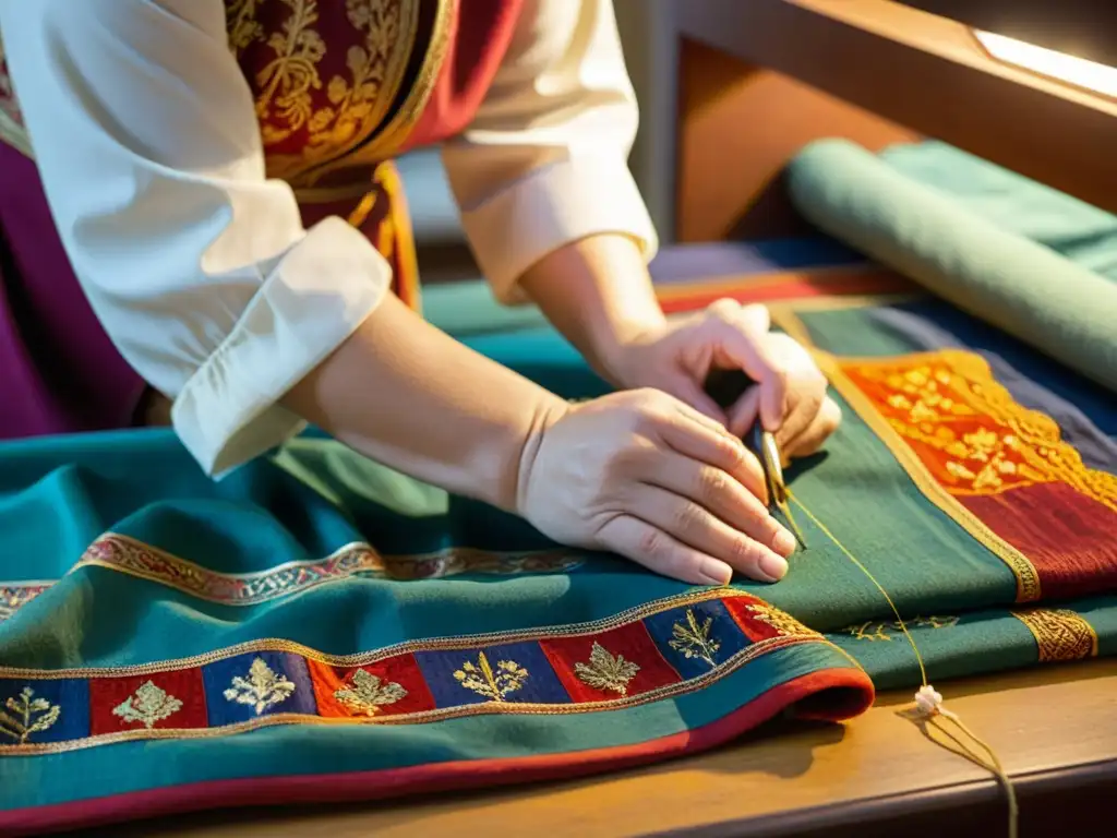 Un conservador restaurando con cuidado tejidos coloridos de un altar sagrado, resaltando la importancia de los textiles en espacios sagrados