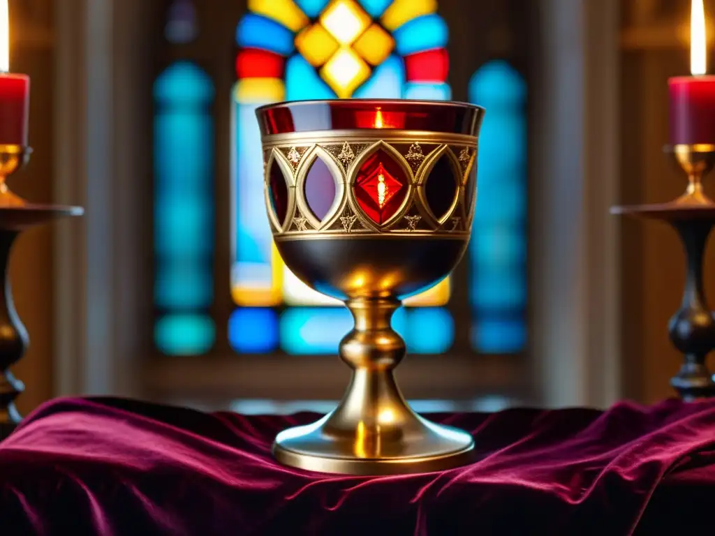 Una copa de vino rojo en un cáliz antiguo, iluminado por velas en una iglesia histórica