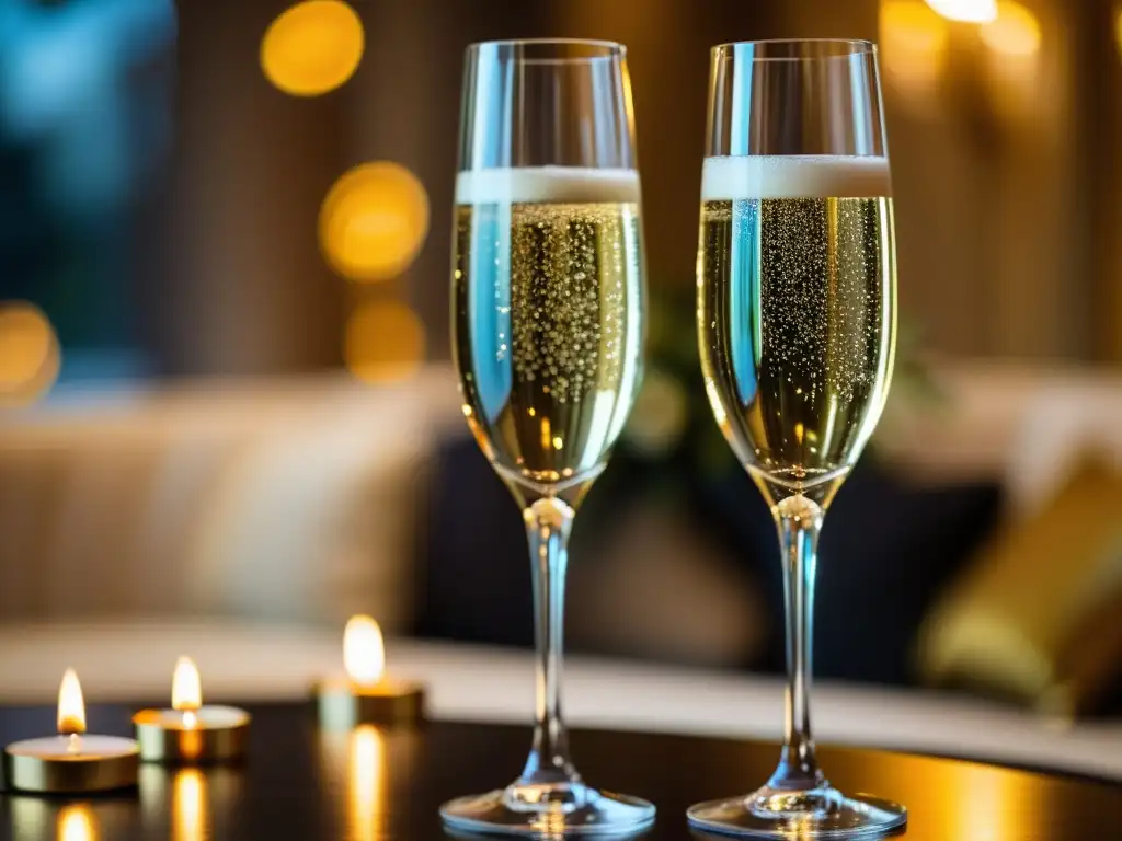 Dos copas de champán adornadas con cristales, efervescente y elegante, en una mesa de boda iluminada por velas