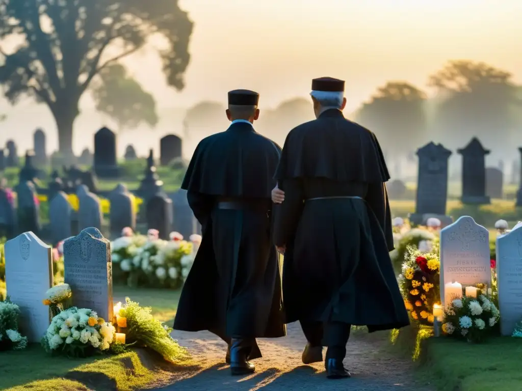 Un cortejo fúnebre avanza entre la niebla en un antiguo cementerio, llevando ofrendas de flores silvestres