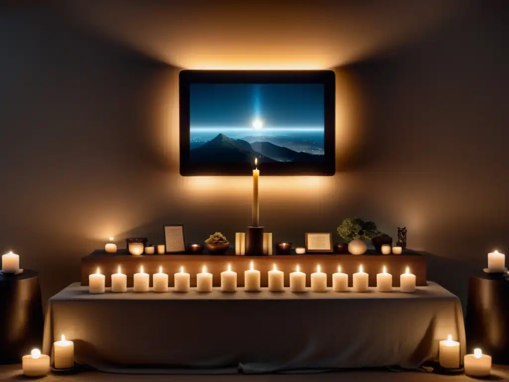 Creación de espacios sagrados digitales con altar virtual, velas e incienso en una habitación tranquila y serena iluminada por una pantalla