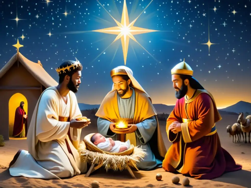 Cuadro de la Epifanía: los Reyes Magos adoran al niño Jesús en un humilde pesebre bajo una noche estrellada, transmitiendo reverencia y asombro