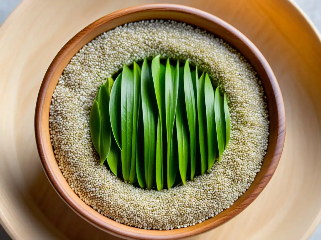 Un cuenco de madera con semillas de chía, lino y cáñamo, rodeado de brotes verdes, simbolizando vitalidad y crecimiento