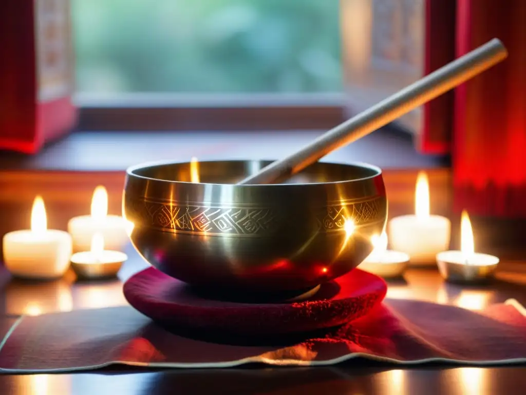 Un cuenco tibetano decorado en un cojín rojo rodeado de velas y incienso, con la luz del sol creando una atmósfera serena
