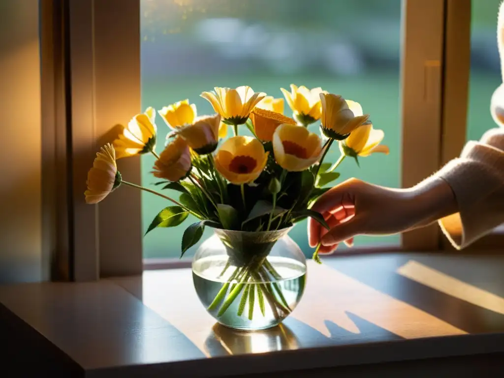 Arreglando con cuidado flores recién cortadas en un jarrón al atardecer