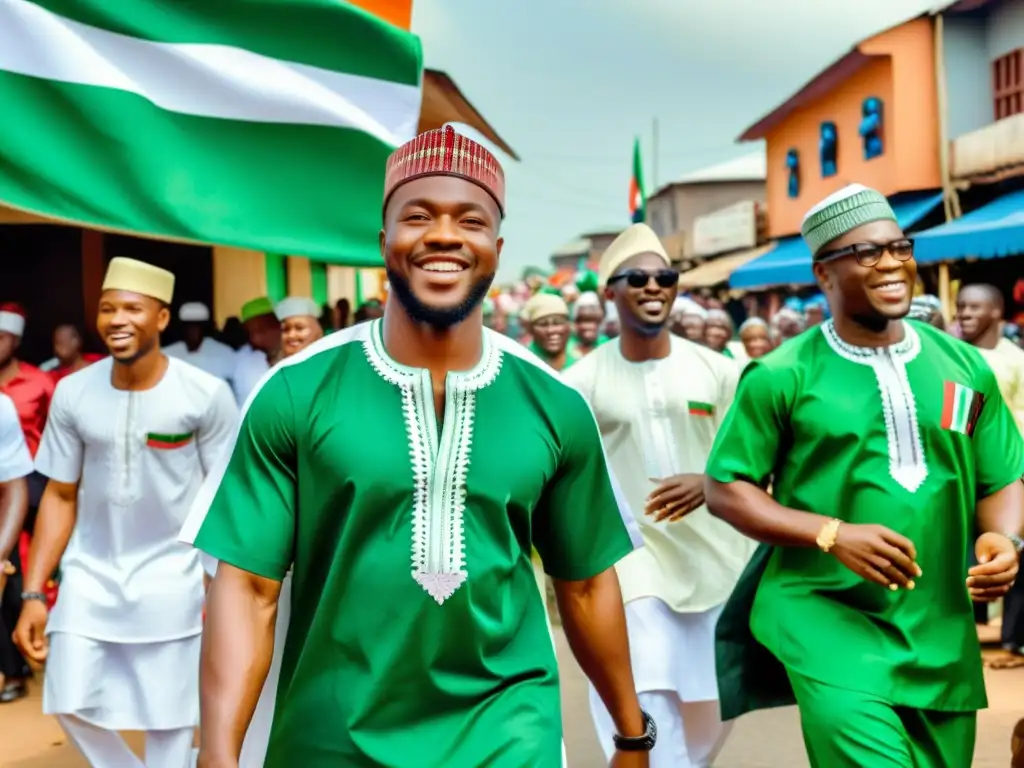 Significación cultural en el día de independencia de Nigeria: escena vibrante con gente celebrando en la calle, vestidos con atuendos tradicionales y ondeando la bandera nigeriana