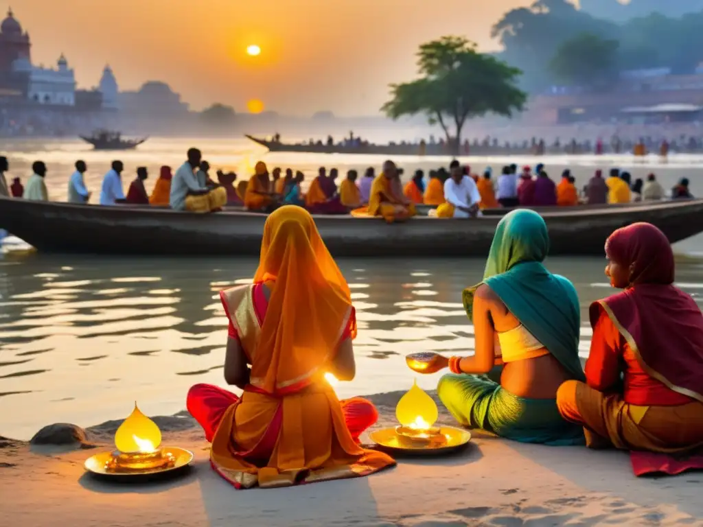 Hindu devotees performing sacred rituals at the Ganges River, showcasing their spiritual connection and cultural heritage