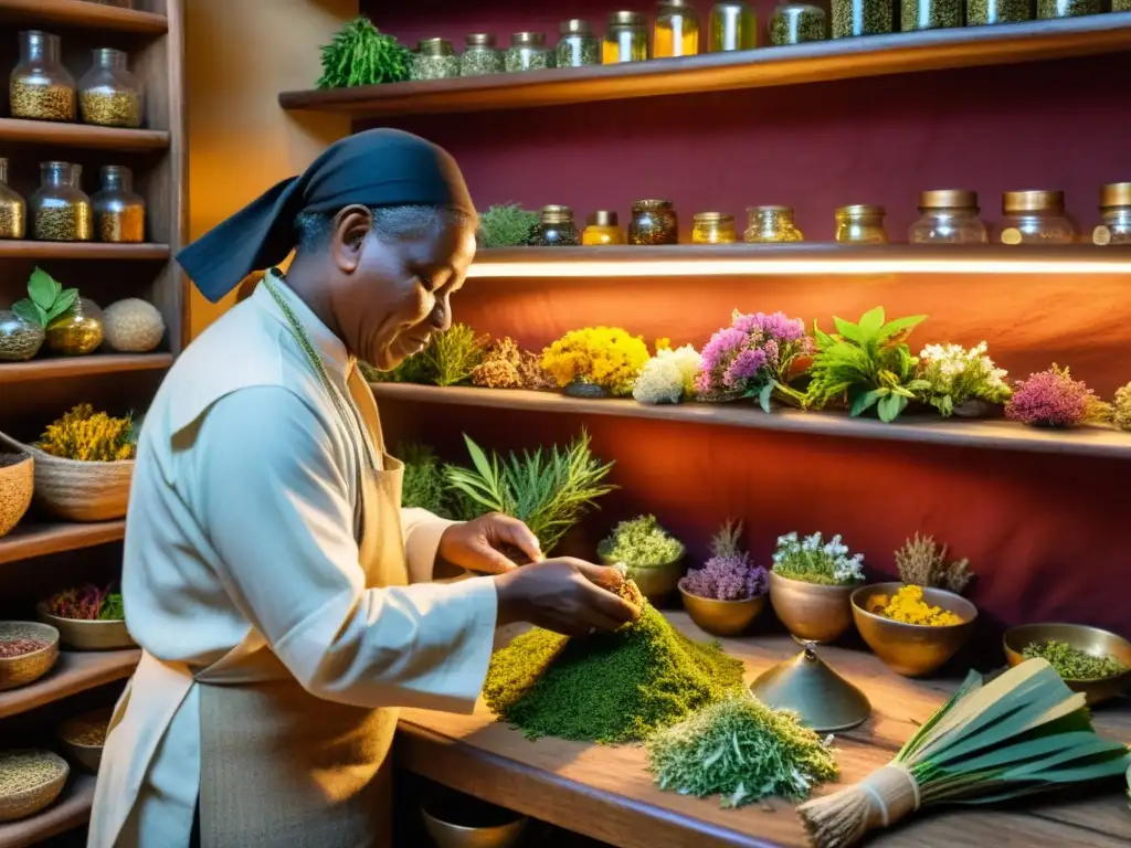 Un curandero selecciona y prepara hierbas medicinales en su acogedora tienda, exudando sabiduría ancestral y rituales con plantas medicinales