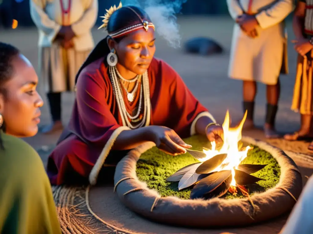 Un curandero indígena realiza un ritual de conservación de especies, rodeado de espectadores, en un ambiente de reverencia y energía espiritual