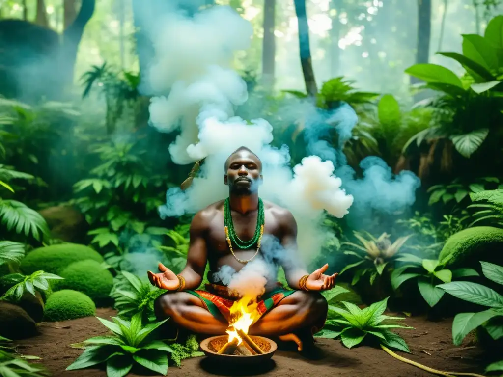 Curandero Kongo realiza ritual de curación en el bosque exuberante, rodeado de plantas y humo de hierbas aromáticas