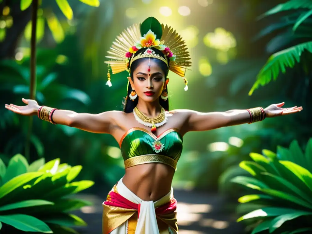 Danza Baris en ceremonias Bali: Un bailarín balinés lleva un traje elaborado y colorido, danzando en medio de la exuberante jungla