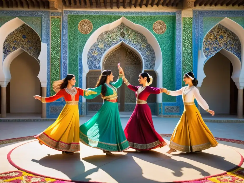 Danza Circular de Mithra Persia: Hombres y mujeres en trajes tradicionales persas forman un círculo, bailando en un patio soleado con mosaicos