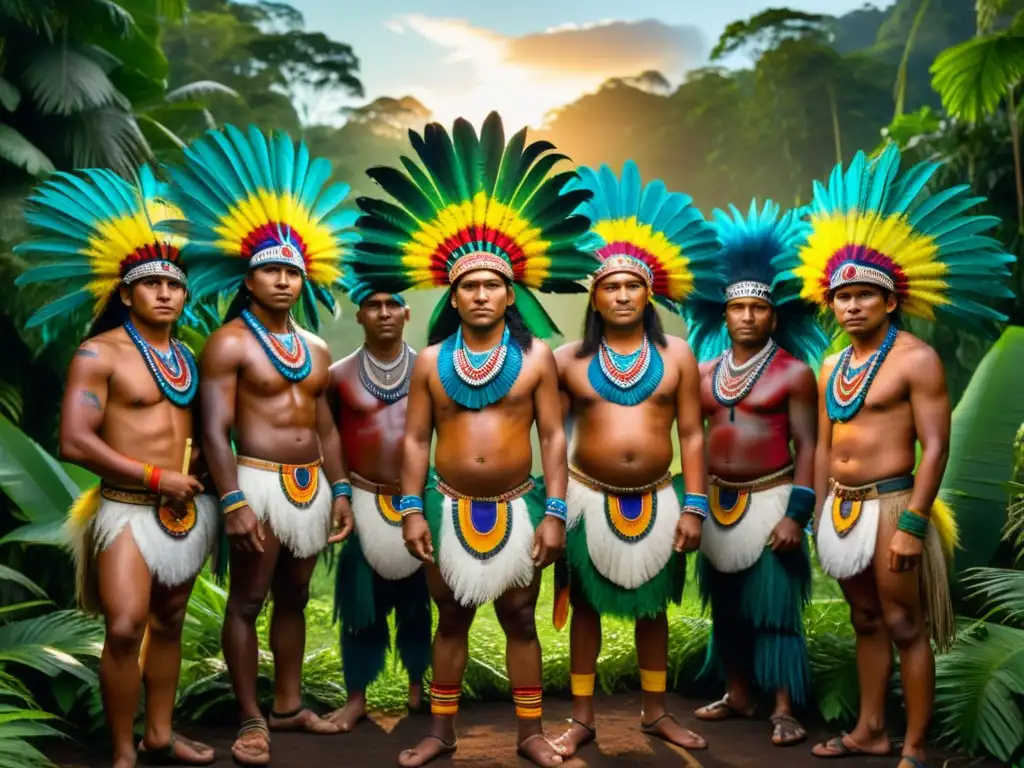 Danza de los Espíritus en la cultura amazónica: Grupo indígena con plumas y pintura corporal, preparándose para el ritual en la selva