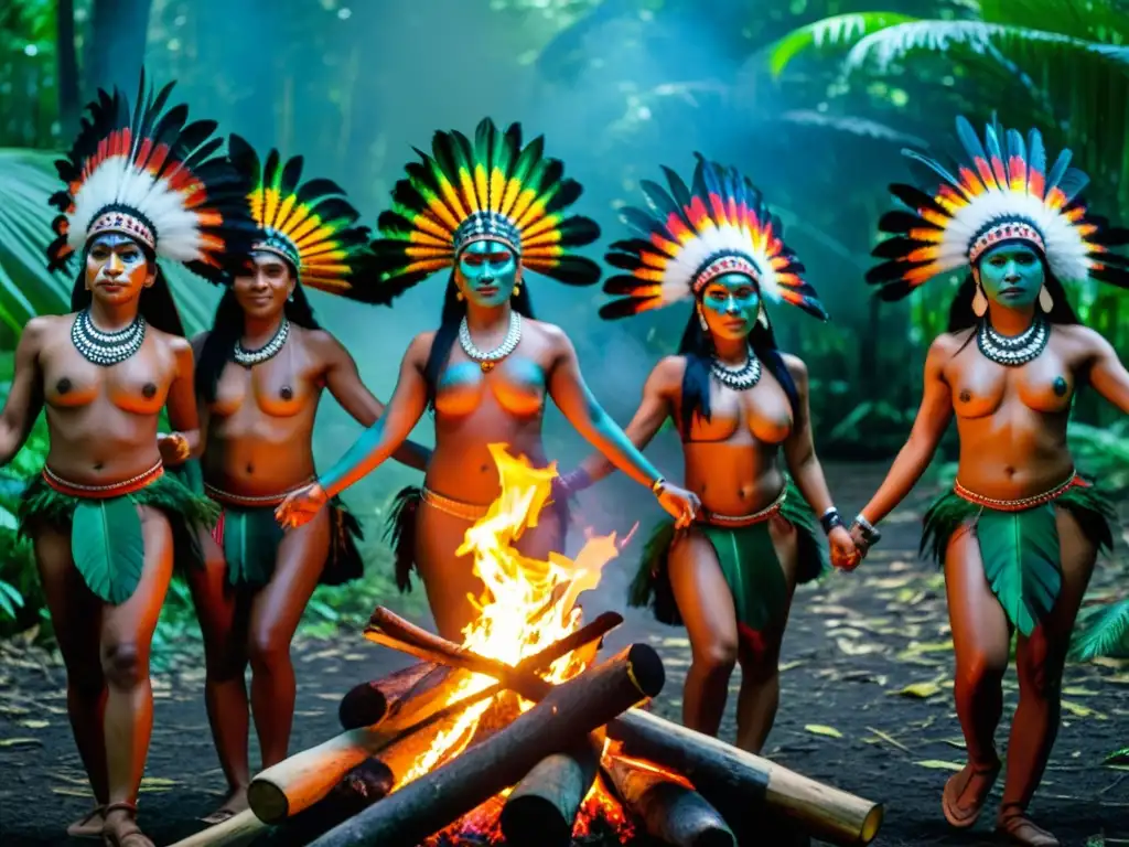 Danza de los Espíritus en la cultura amazónica: Indígenas danzando alrededor del fuego en la selva, envueltos en plumas y pinturas rituales