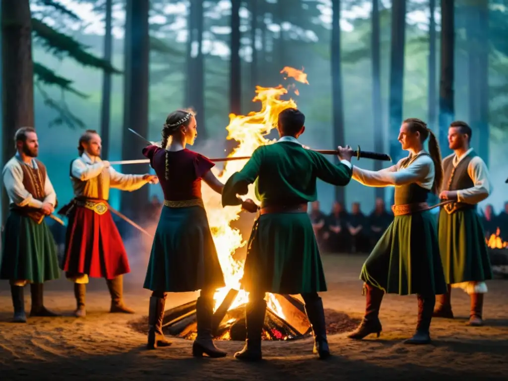 Danza de espadas celtas alrededor del fuego en la misteriosa y ritualística atmósfera del bosque iluminado