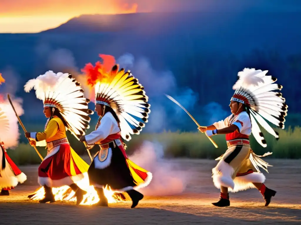 Baile tradicional Lakota alrededor de fogata Danza espiritual de la cultura Lakota: bailarines adornados con trajes vibrantes alrededor de una fogata, conectando con sus ancestros